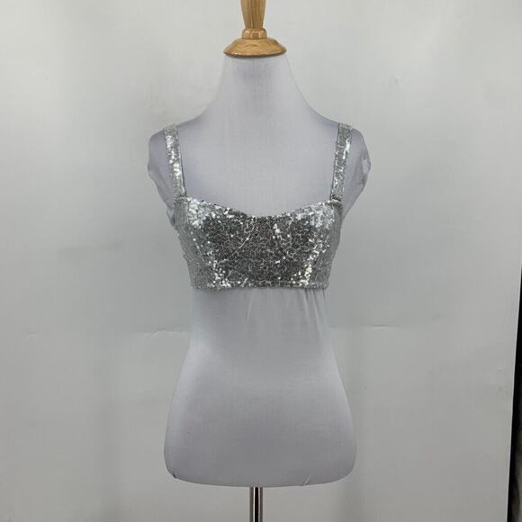 Iefiel Top Womens S Small Silver Sequined Straps Unpadded Open Back Cropped - Picture 2 of 14